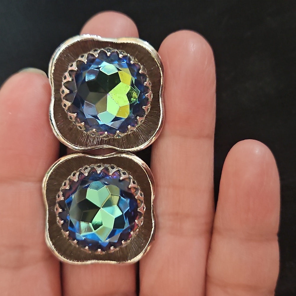 Vintage Heliotrope Silver and Blue Glass Earrings Clip